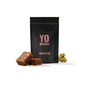 Yo Momma Chocolate Brownie 500mg THC edible in a black resealable bag