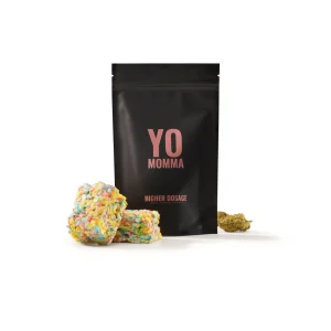 Yo Momma Fruity Cereal Treats 500mg THC edible in a black resealable bag