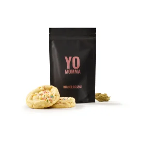 Yo Momma Funfetti Cookies 500mg THC edible in a black resealable bag