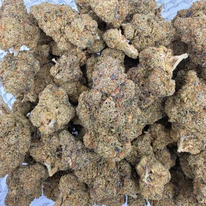 Blueberry cannabis flower in a resealable mylar bag