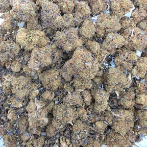 Bubba Kush cannabis flower in a resealable mylar bag
