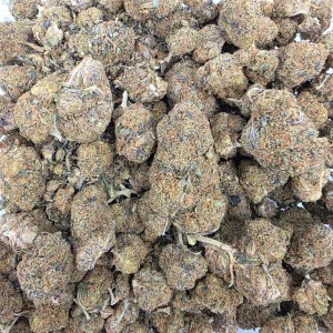 Fire OG cannabis flower in a resealable mylar bag