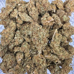 Haze cannabis flower in a resealable mylar bag