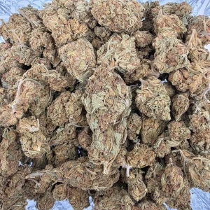 Peanut Butter cannabis flower in a resealable mylar bag
