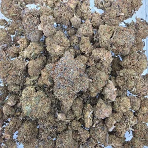Pink Rockstar cannabis flower in a resealable mylar bag